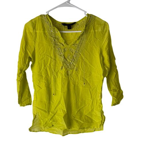 Express Y2k Size XS Neon Yellow Boho Rhinestone Silk Blend Going Out Top - Picture 1 of 10